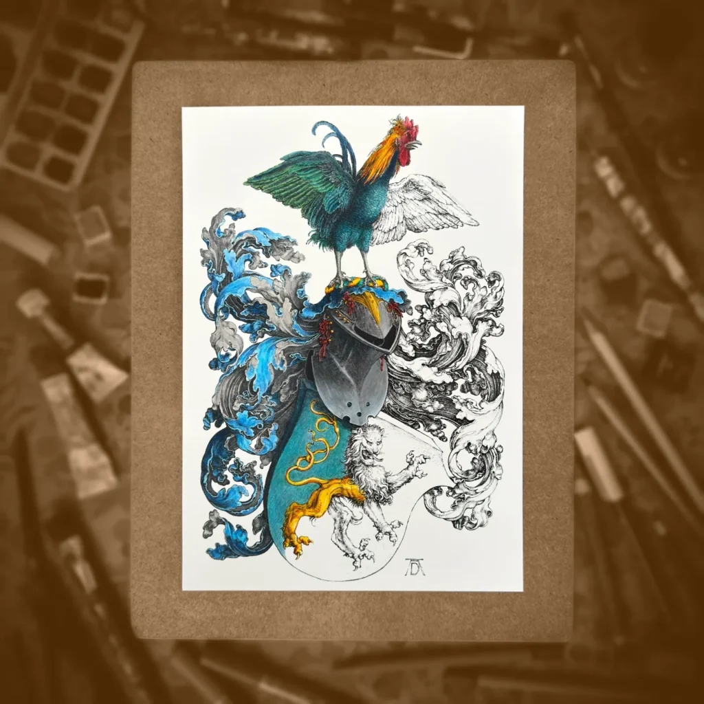 Rycina do kolorowania, format A4, Herb z lwem i kogutem