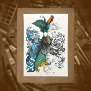 Rycina do kolorowania, format A4, Herb z lwem i kogutem