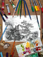 Pejzaż wiejski z obejściem i kozą, format A4 (PE.W3.M) - obrazek 2