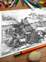 Pejzaż wiejski z obejściem i kozą, format A4 (PE.W3.M) - obrazek 3