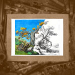 Pejzaż wiejski z drzewem, postacią i psem, format A4 (PE.W4.M)