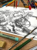 Pejzaż wiejski z drzewem, postacią i psem, format A4 (PE.W4.M) - obrazek 3